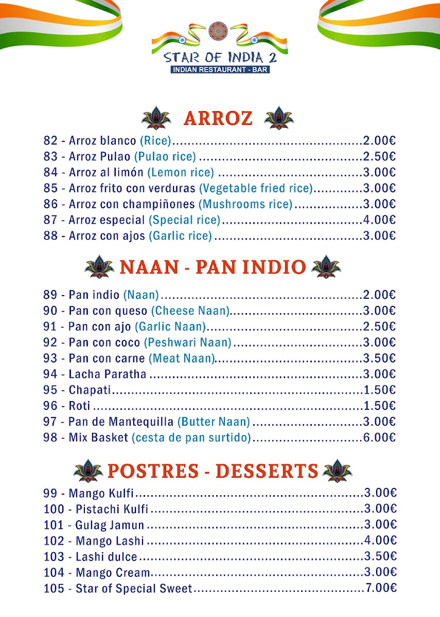 Menu Restaurante Star Of India 2-4